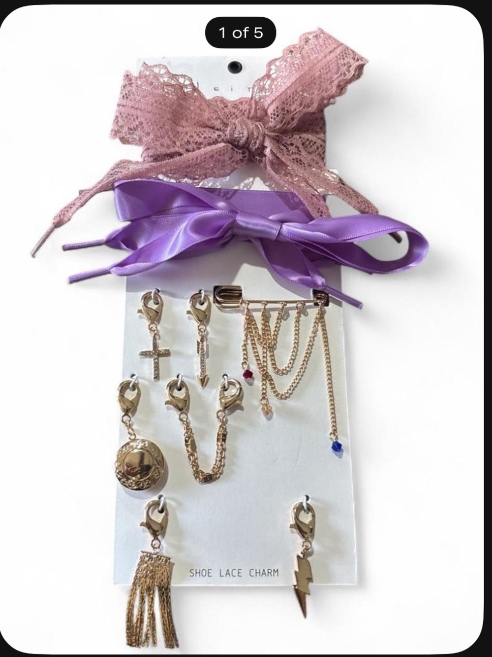 Leith shoe lace charms with pink lace bow and purple satin bow with gold charms